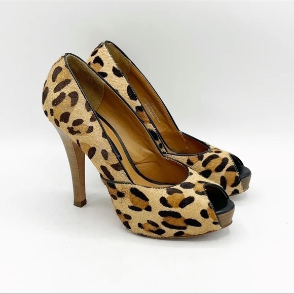 STEVEN by Steve Madden Heels Leopard Print Calf Hair Peep Toe Pump - Picture 1 of 10